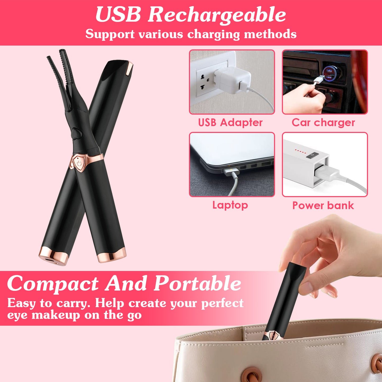 1Pc 2 In 1 Clip Comb Heated Eyelash Curler Electric Mini Lash Curler Natural Eye Lash Makeup Tool With 3 Temp Settings 15Mins Shutdown