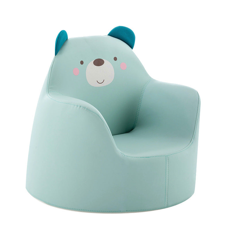 a blue chair with a bear face