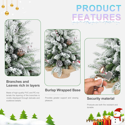 3ft Tabletop Christmas Tree, Snow Flocked Artificial Mini Christmas Tree With 14 Pine Cones & Red Berries, Green