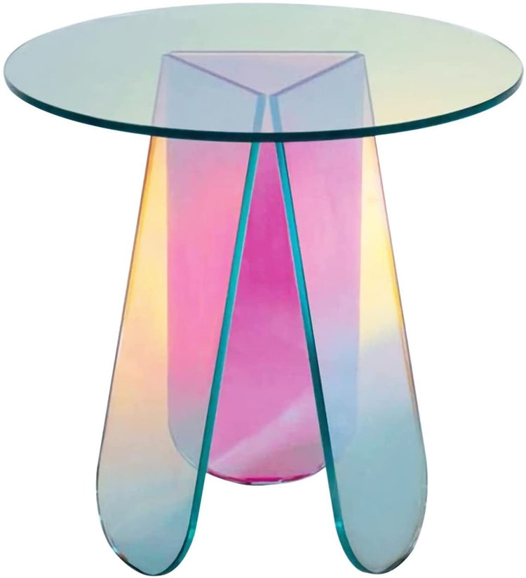 a colorful glass table with a triangular base
