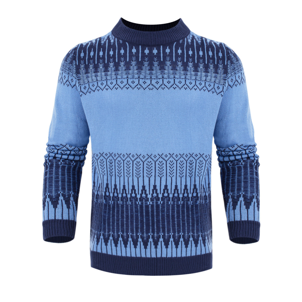 a blue sweater with a pattern