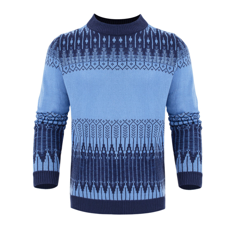 a blue sweater with a pattern