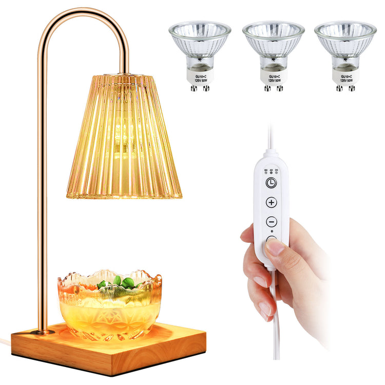a hand holding a remote control and a lamp