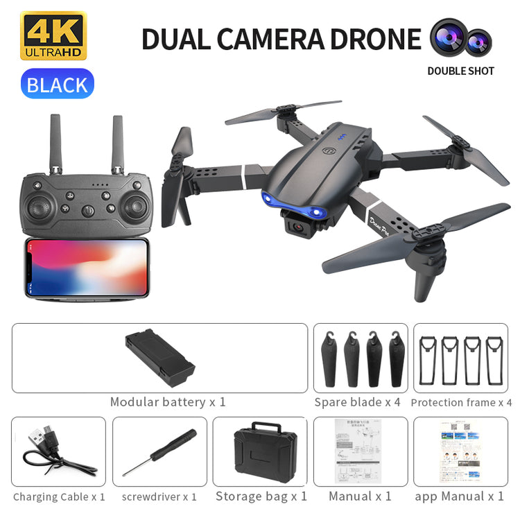 a black drone with a camera and a phone