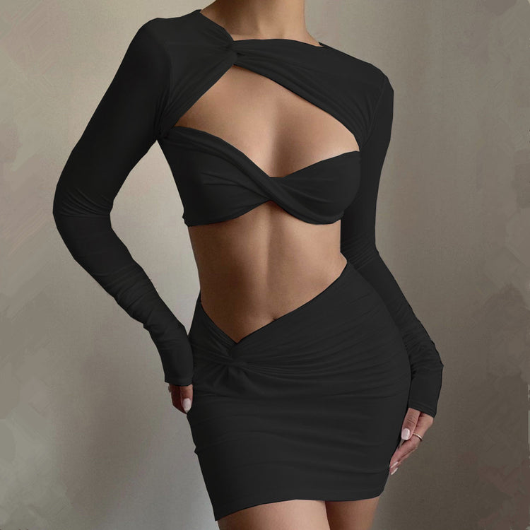a woman wearing a black dress