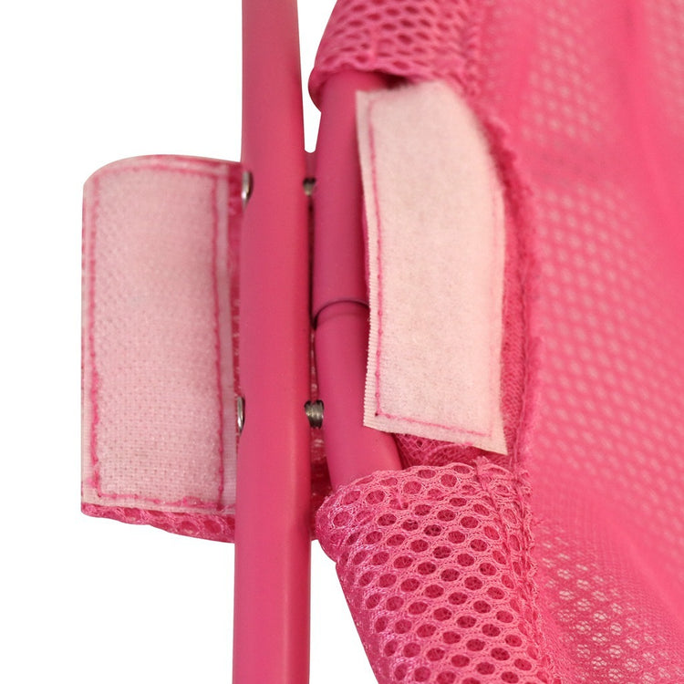 a pink mesh fabric with a white label
