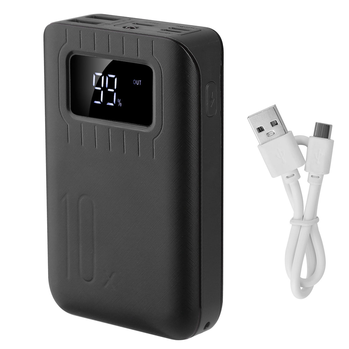 a black rectangular device with a white cable