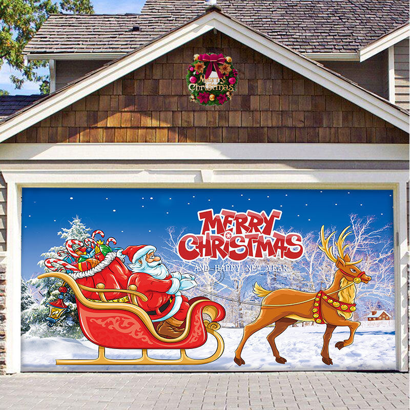 a garage door with a painting of santa claus and reindeer