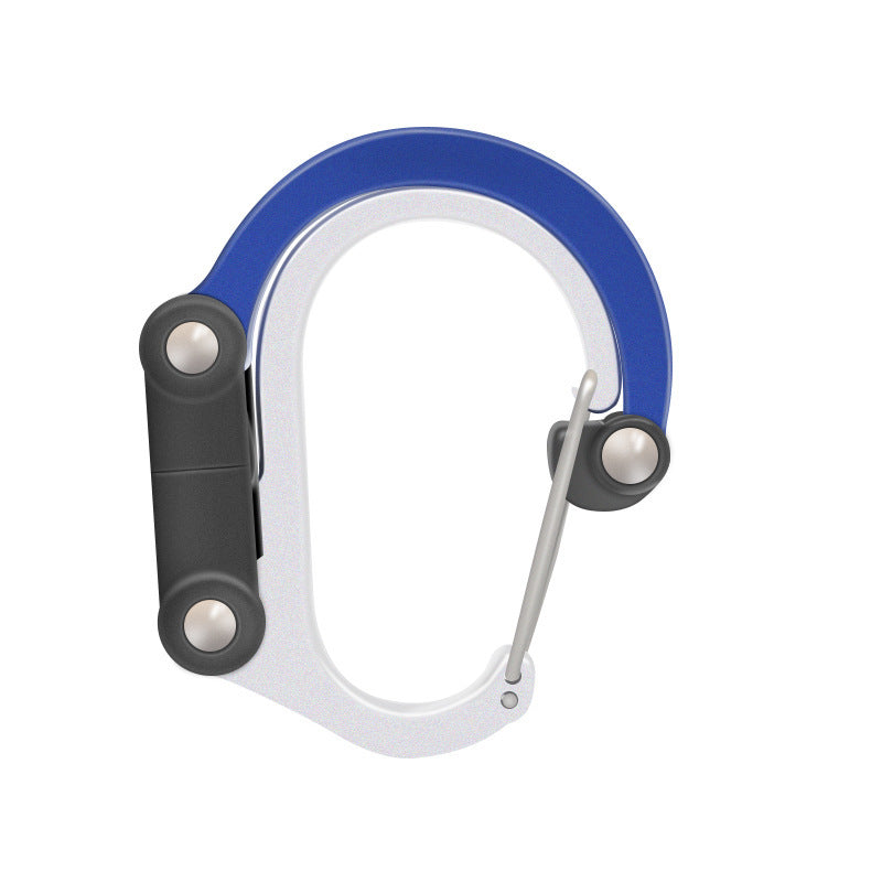 a blue and white carabiner
