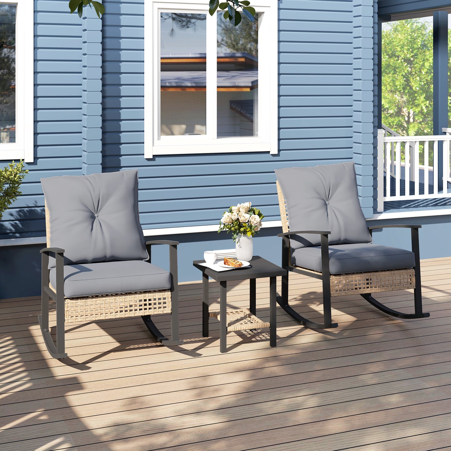 3 Pieces Bistro Set, Patio Wicker Furniture Set With Button Tufted Cushions, Rattan Rocking Chairs, Coffee Table, Gray