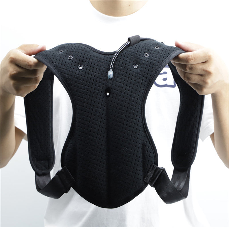a person holding a black chest strap