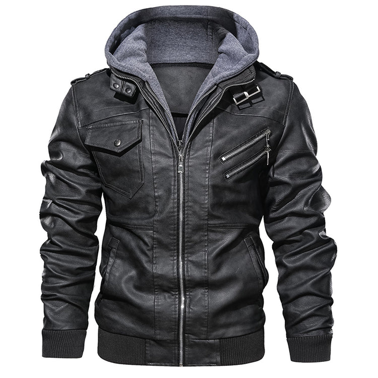 a black leather jacket with a hood