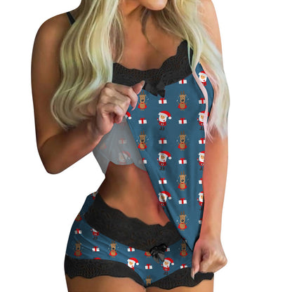 European And American Lace Sexy Sweet Print Suspender Two-piece Pajamas