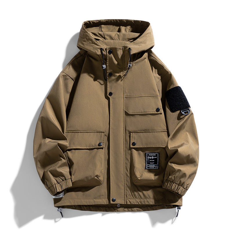 a brown jacket with a patch on it