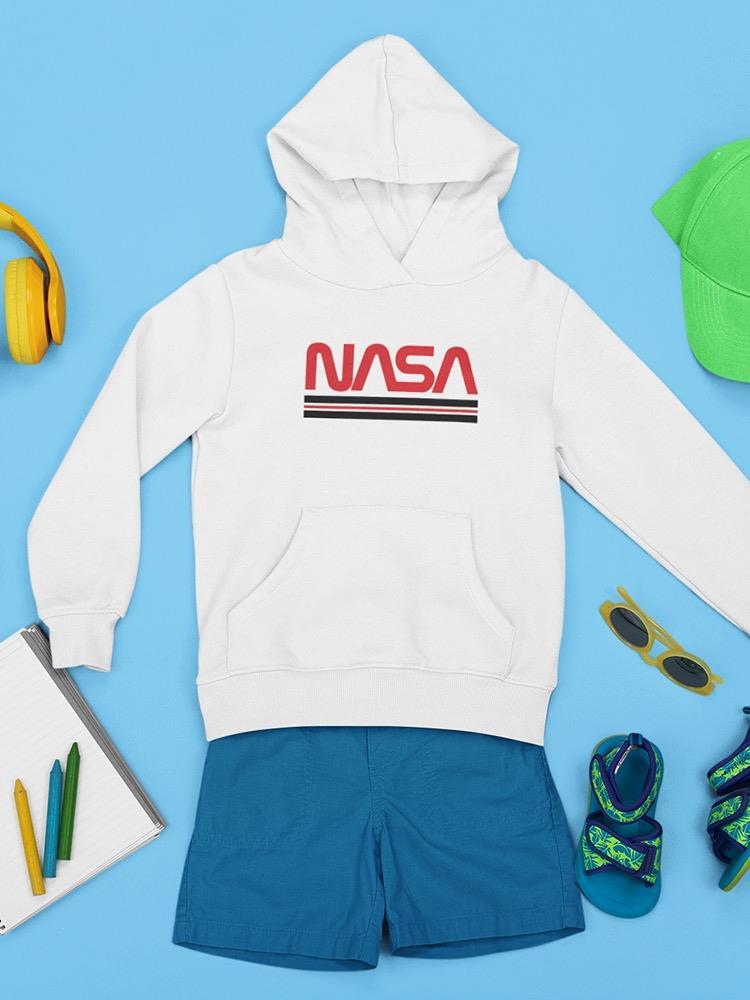 a white sweatshirt with a logo on it and blue shorts and a green hat