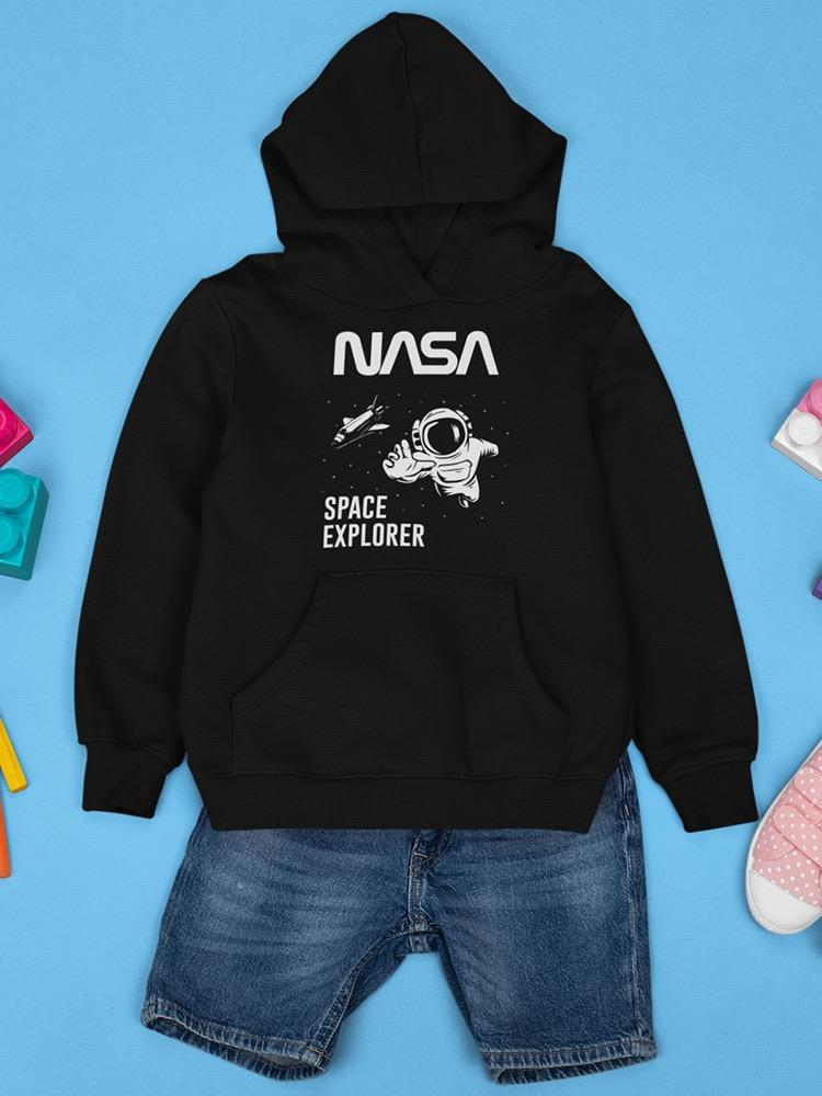 a black hoodie with white text on it and jeans and shoes