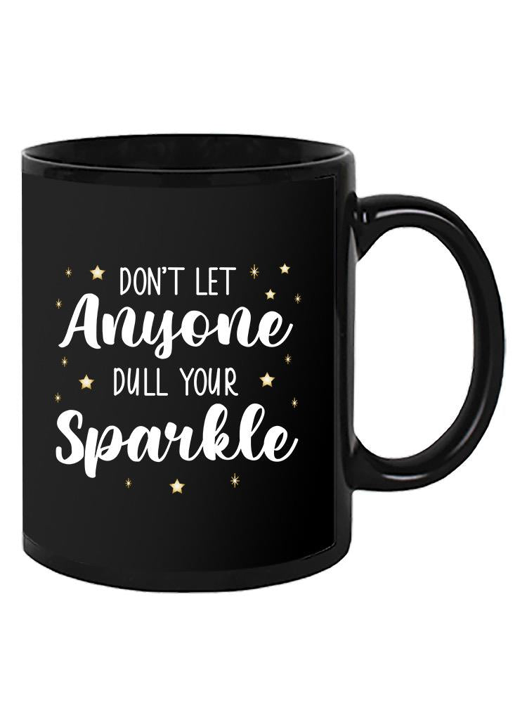a black mug with white text