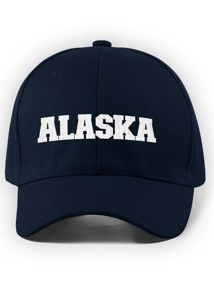 a blue hat with white text