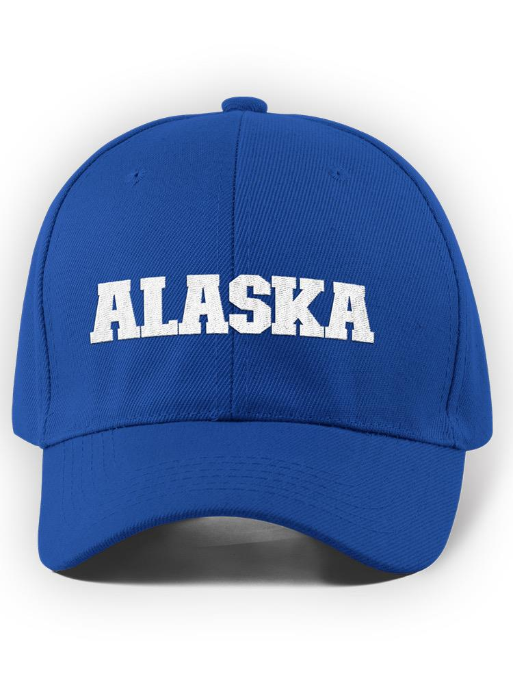 a blue hat with white text