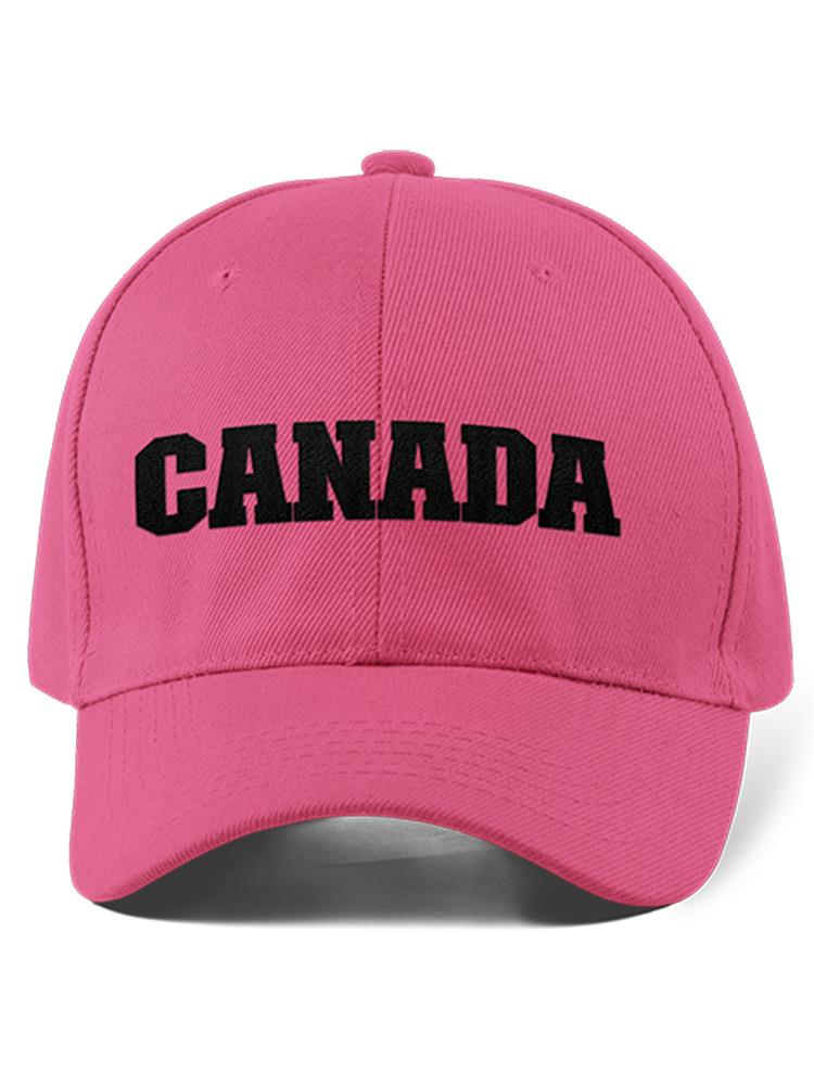 a pink hat with black text