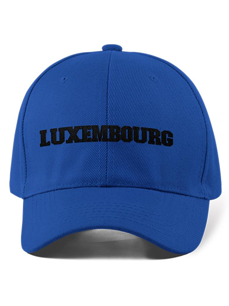 a blue hat with black text