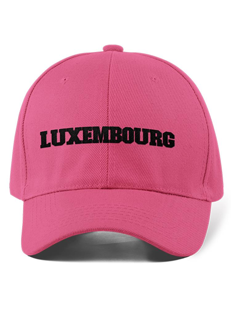 a pink hat with black text