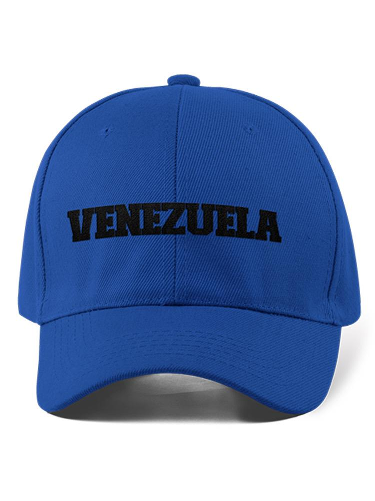 a blue hat with black text