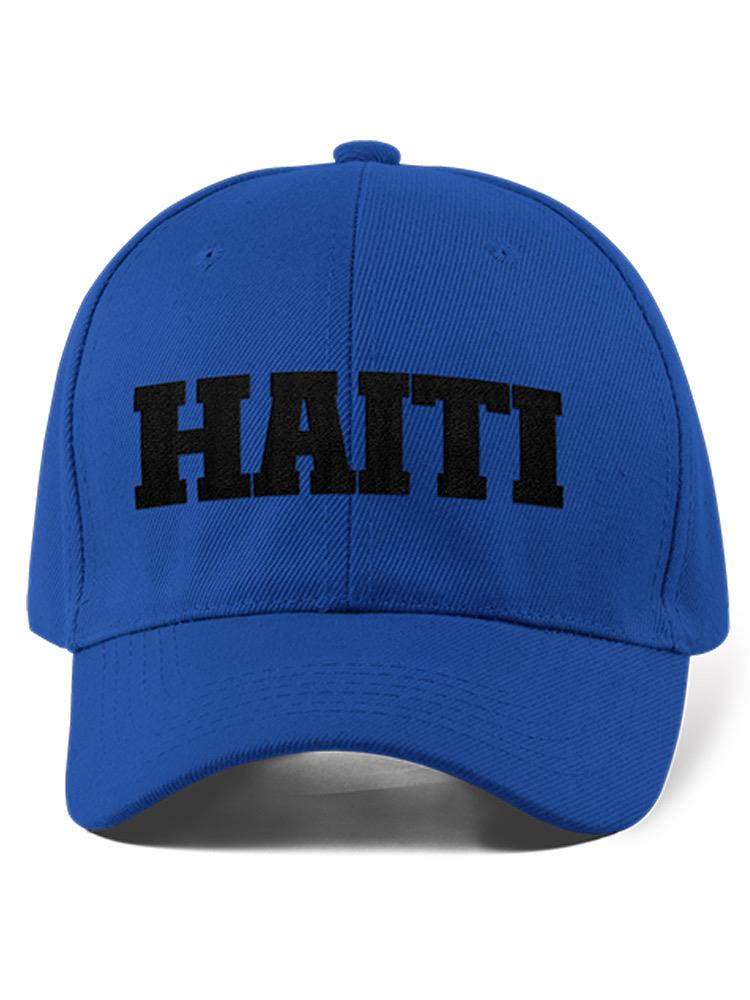 a blue hat with black text