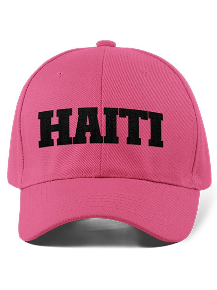 a pink hat with black text