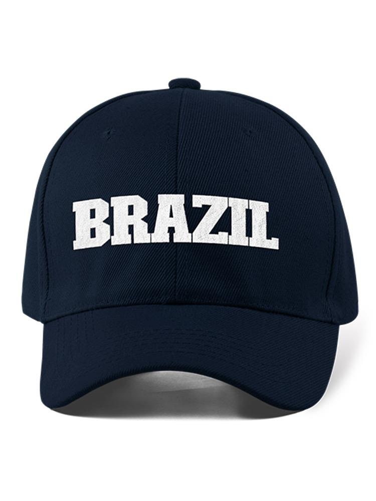 a blue hat with white text