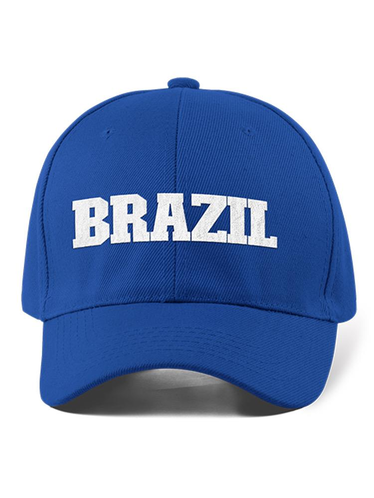 a blue hat with white text