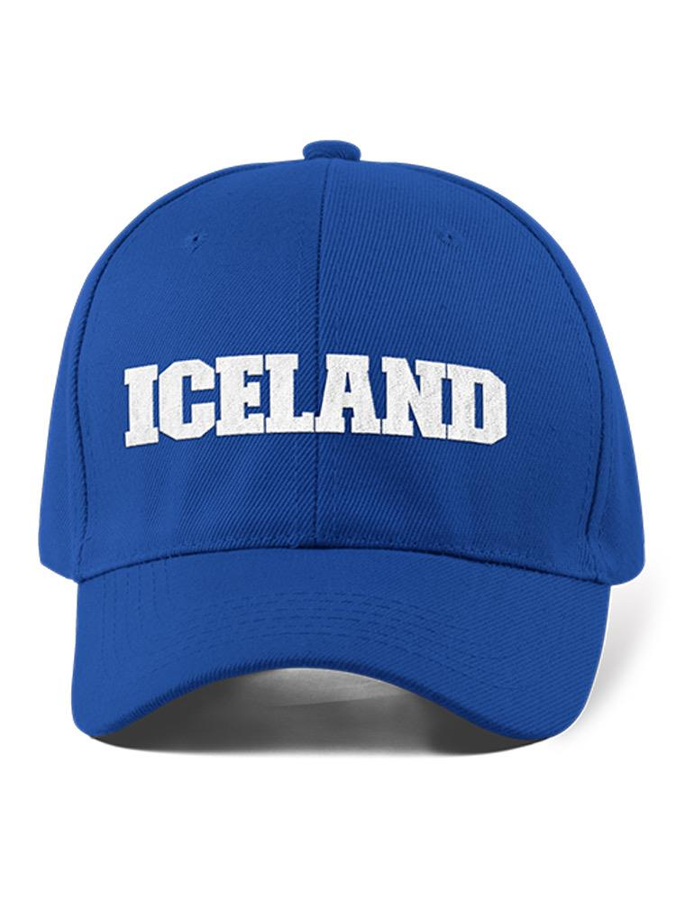 a blue hat with white text
