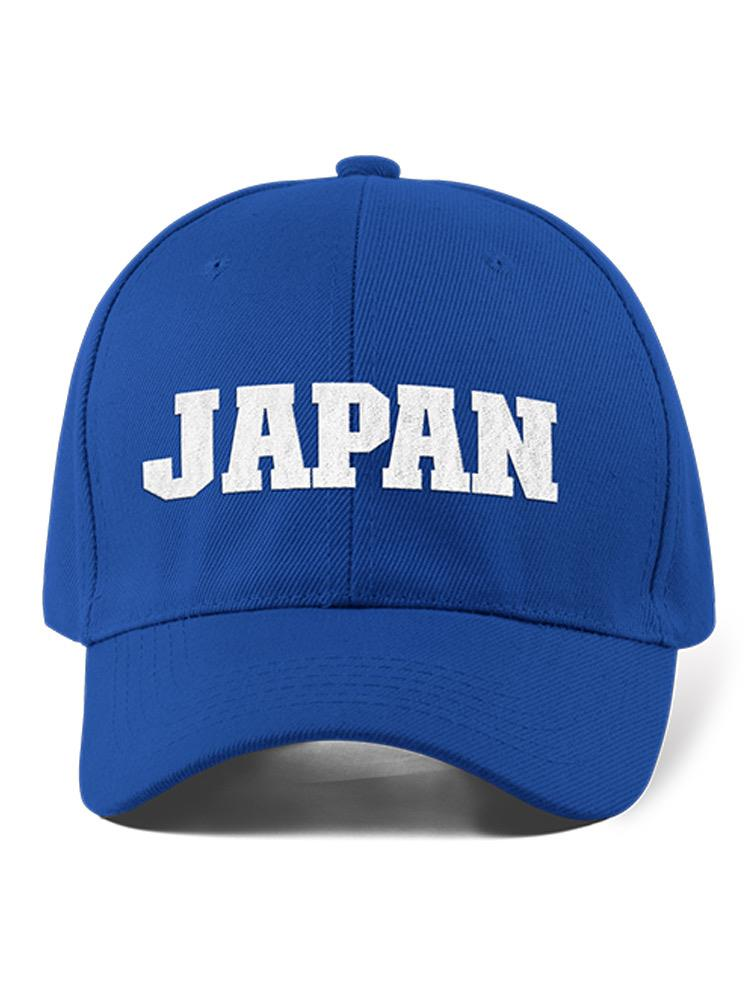 a blue hat with white text