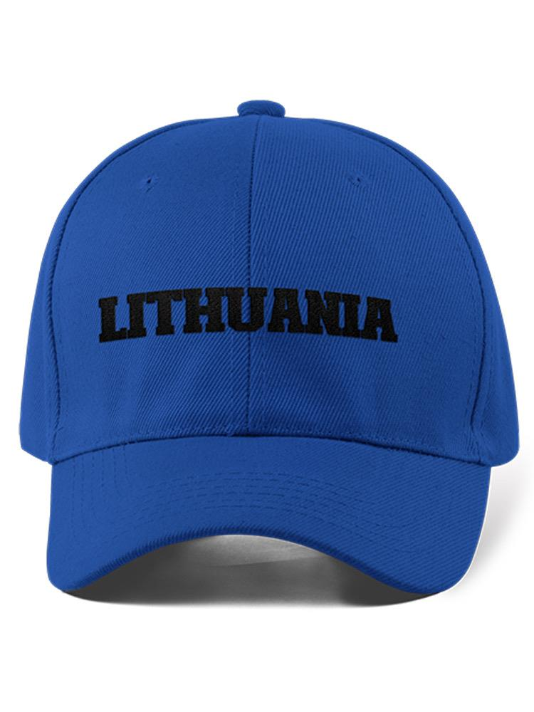 a blue hat with black text
