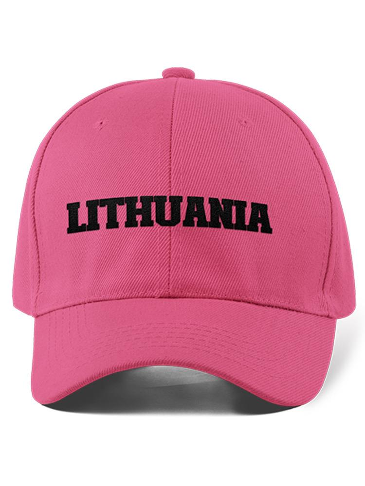 a pink hat with black text