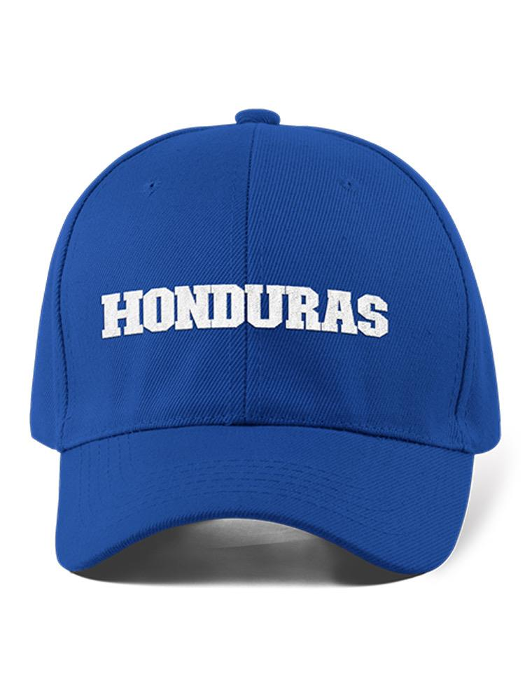 a blue baseball hat with white text