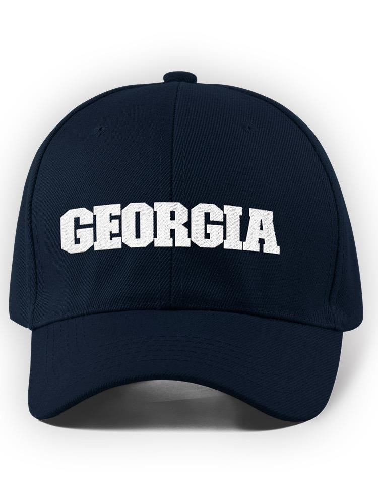 a blue hat with white text