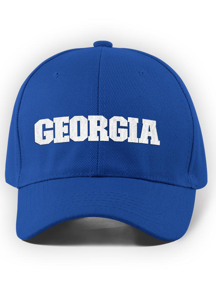 a blue hat with white text