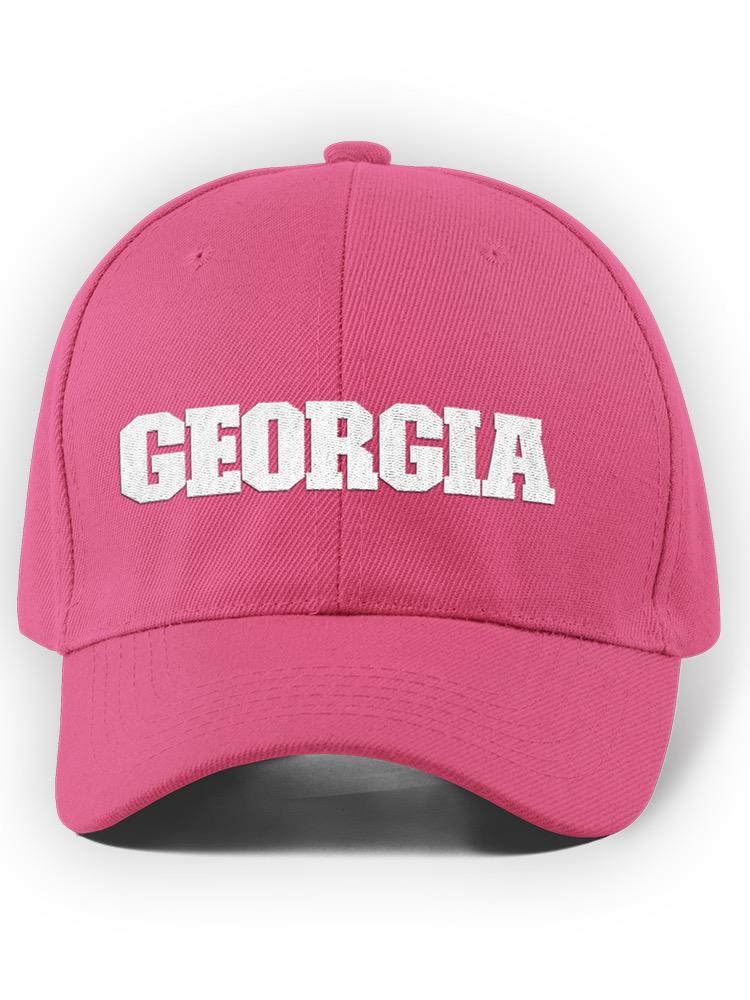 a pink hat with white text