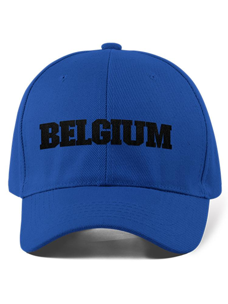 a blue hat with black text