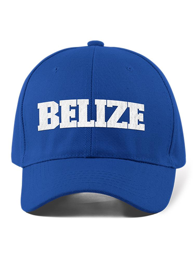 a blue hat with white text