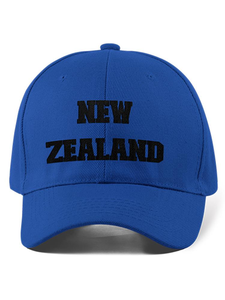 a blue hat with black text