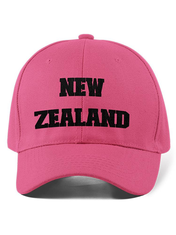 a pink hat with black text