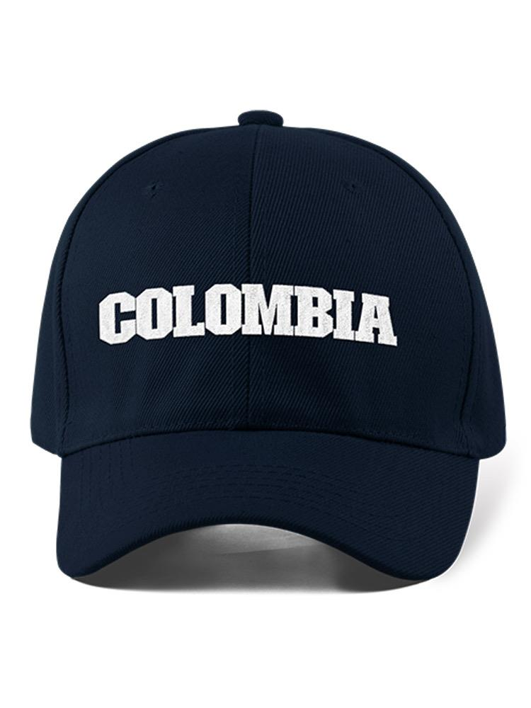 a blue hat with white text