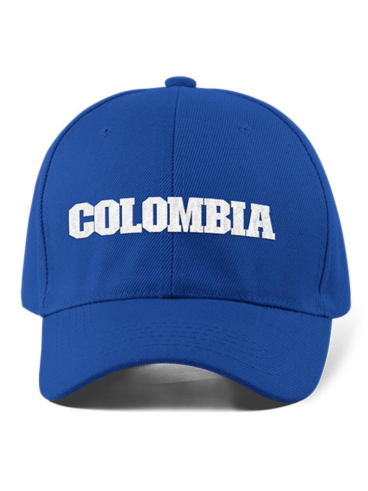 a blue hat with white text