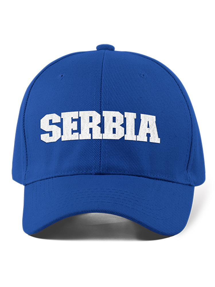a blue hat with white text