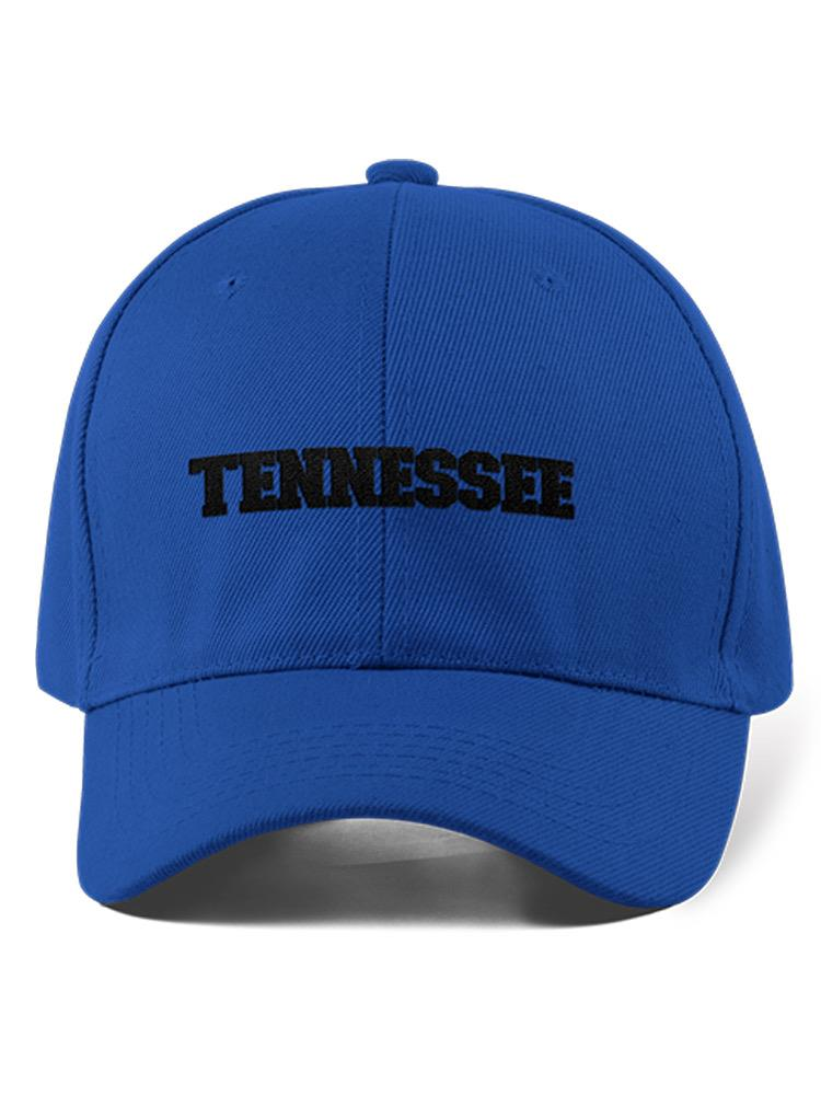 a blue hat with black text