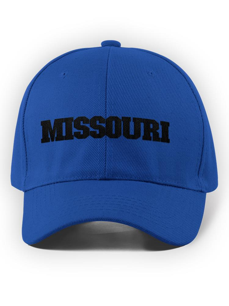 a blue hat with black text