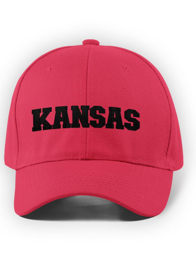 a pink hat with black text