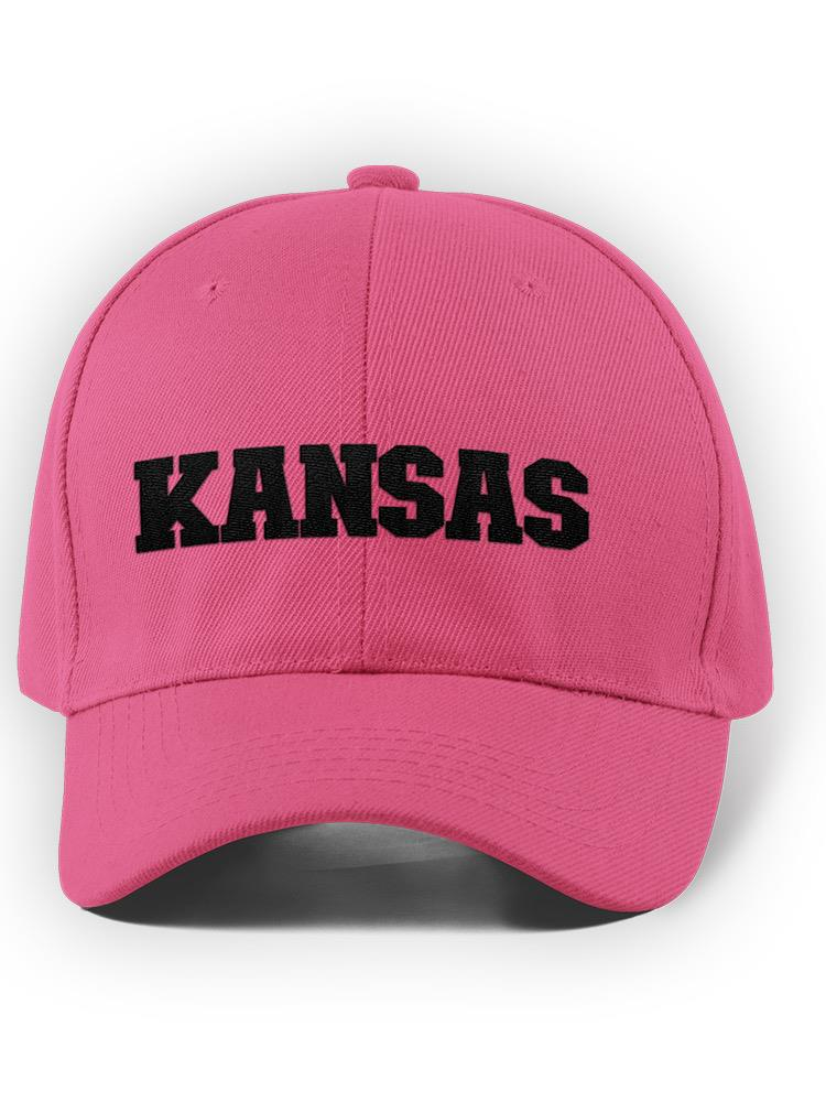 a pink hat with black text